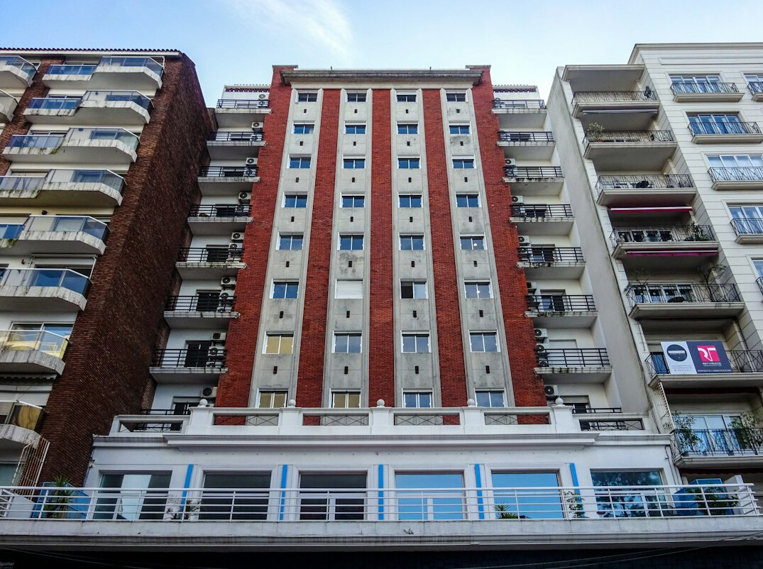 Historic building facade in Montevideo's old town at dusk